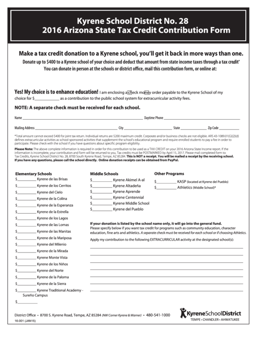 Arizona State Tax Credit Contribution Form 2016 printable pdf download