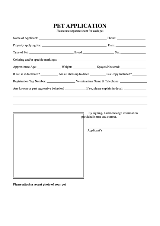 Pet Application Form printable pdf download