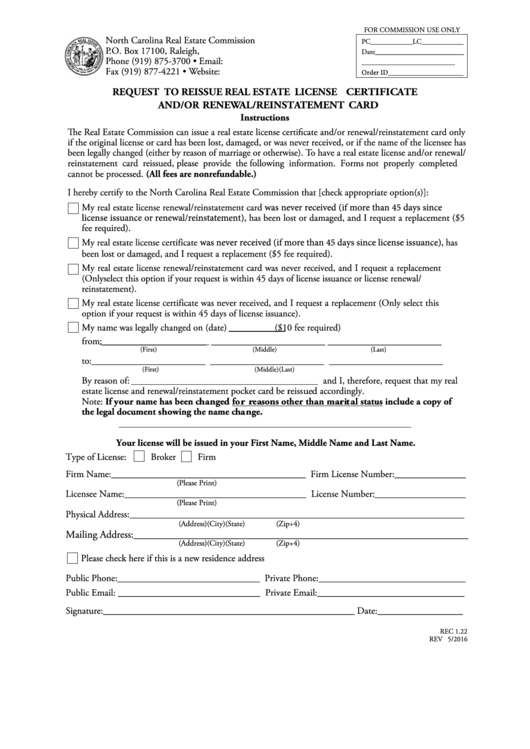 Fillable Request To Reissue Real Estate License Certificate And/or