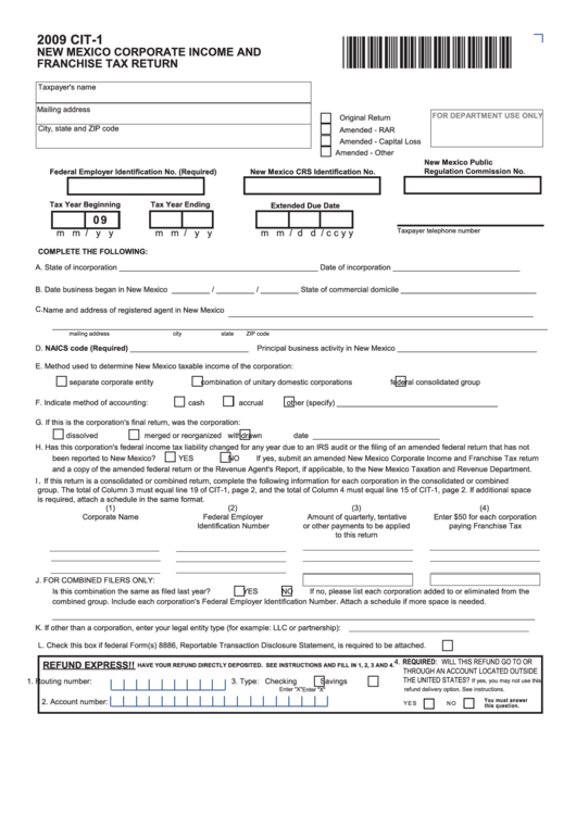 Form Cit1 New Mexico Corporate And Franchise Tax Return 2009 printable pdf download