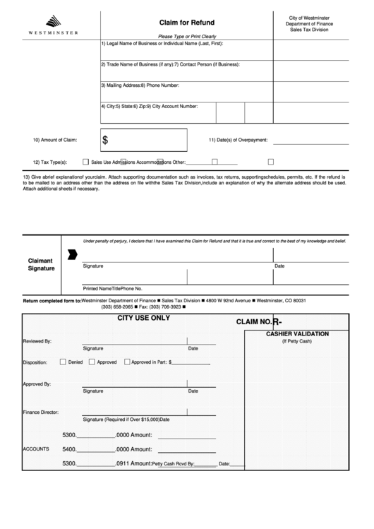 Fillable Claim For Refund Form City Of Westminster Sales Tax Division
