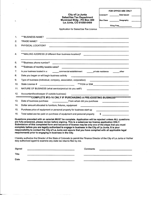Application For Sales/use Tax License Form City Of La Junta printable pdf download