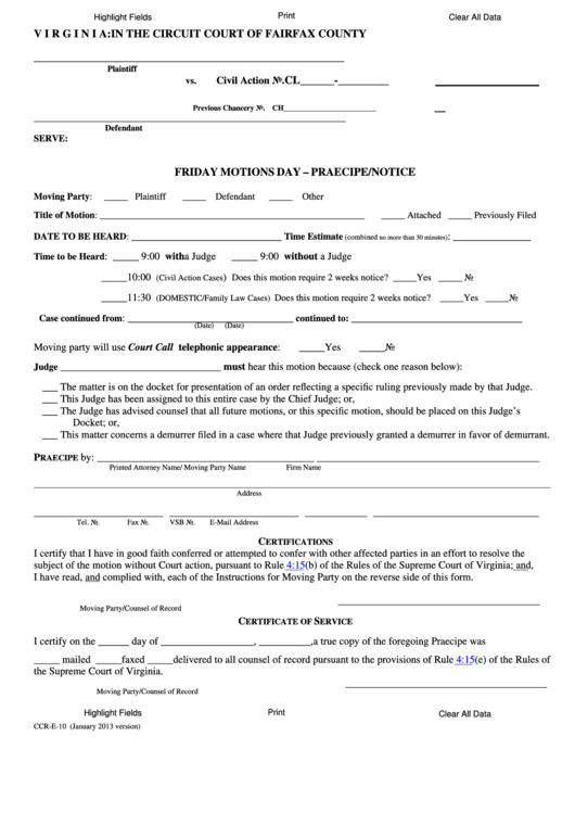 Fillable Form CcrE10 Friday Motions Day Praecipe/notice 2013