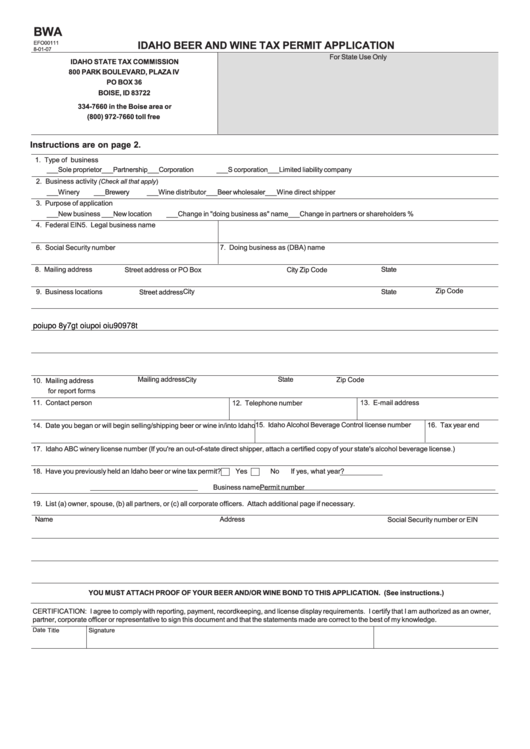 Fillable Form Bwa Idaho Beer And Wine Tax Permit Application