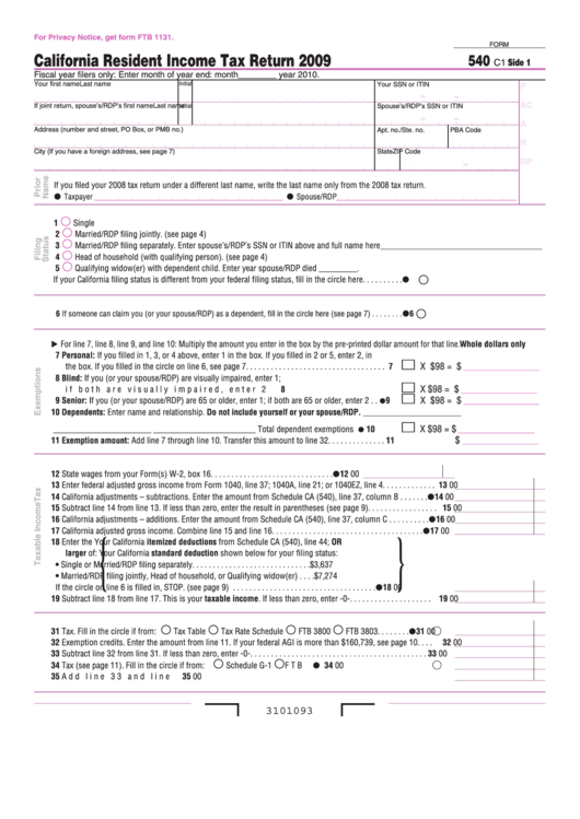Fillable Form 540 C1 California Resident Tax Retur 2009