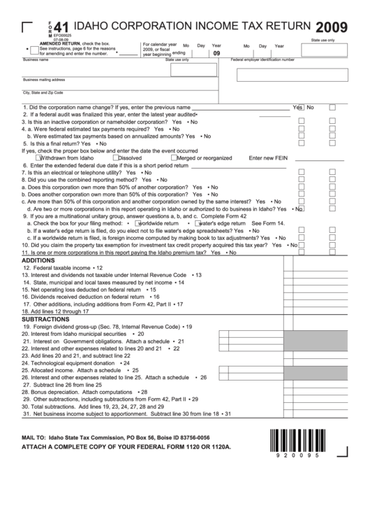Form 41 Idaho Corporation Tax Return 2009 printable pdf download