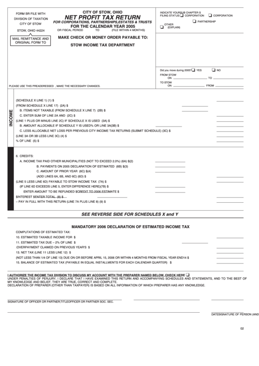 Net Profit Tax Return Form City Of Stow, Ohio 2005 printable pdf