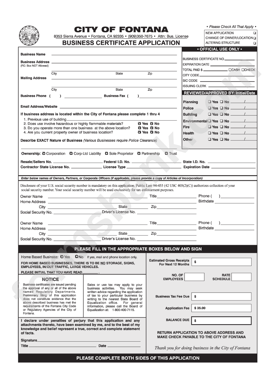 Fillable Business Certificate Application Form City Of Fontana
