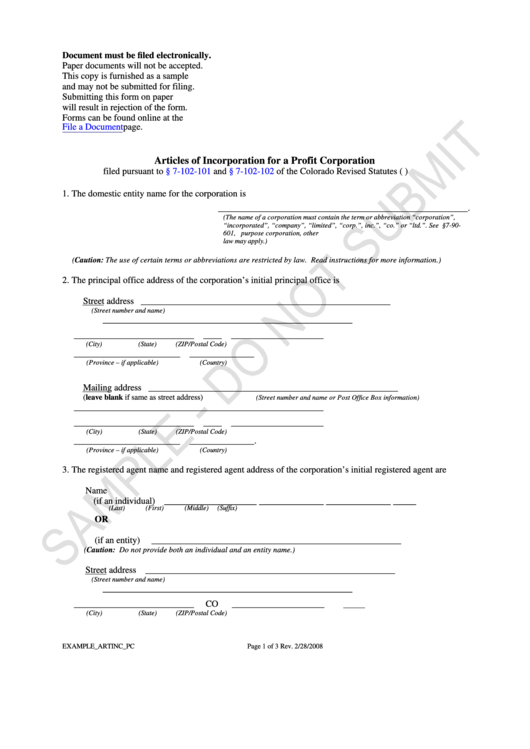 Articles Of Incorporation For A Profit Corporation Form printable pdf download