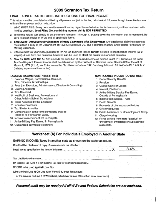 2009 Scranton Tax Return Instructions printable pdf download