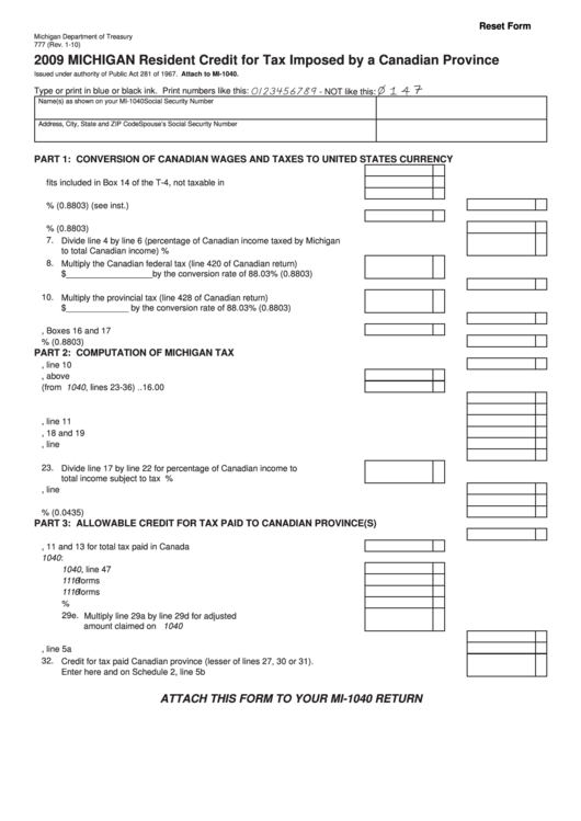 Fillable Form 777 Michigan Resident Credit For Tax Imposed By A