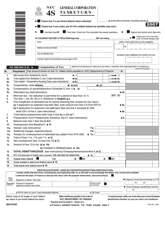 Fillable Form Nyc4s Generalcorporation Tax Return 2007 printable