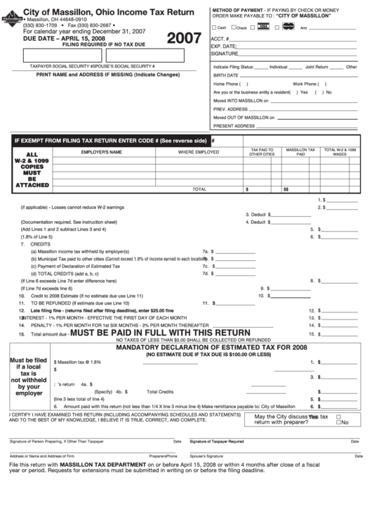Tax Return Form City Of Massillon 2007 printable pdf download