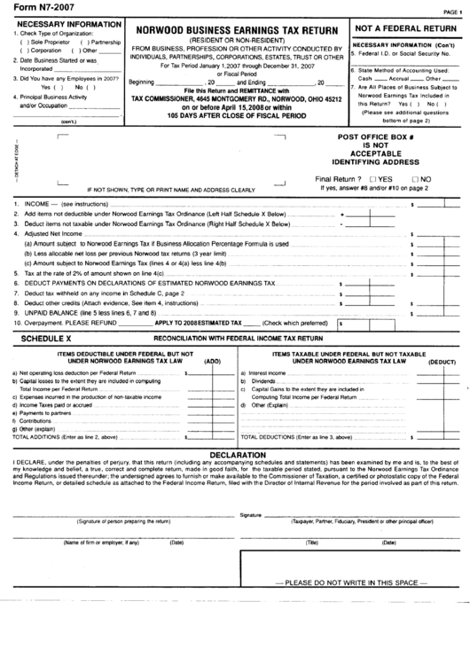 Form N72007 Norwood Business Earnings Tax Return printable pdf download