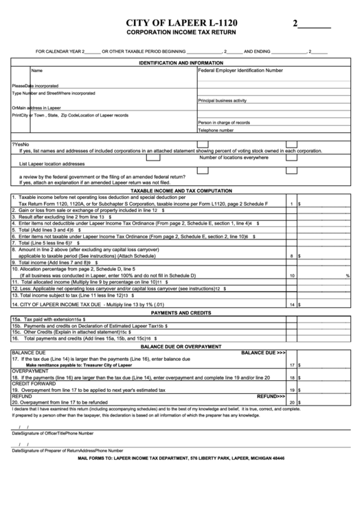 Form L1120 City Of Lapeer Corporation Tax Return printable