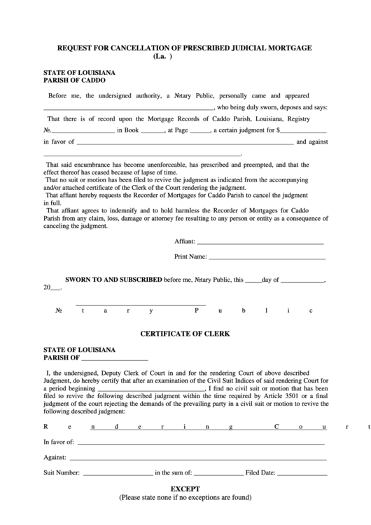 Request For Cancellation Of Prescribed Judicial Mortgage Form printable