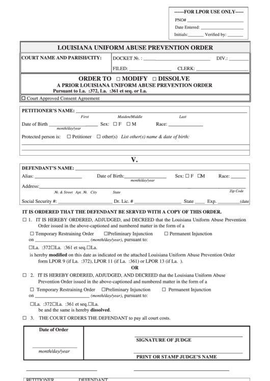Form Lpor 14 V.8 Louisiana Uniform Abuse Prevention Order printable