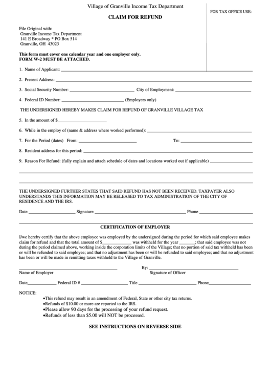 Village Of Granville Tax Department Claim For Refund Form