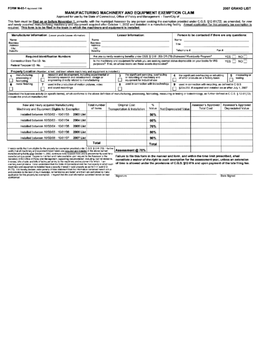 Form M651 Manufacturing Machinery And Equipment Exemption Claim