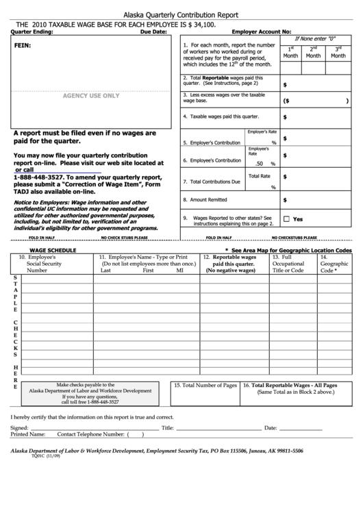 Form Tq01c Alaska Quarterly Contribution Report 2010 printable pdf download