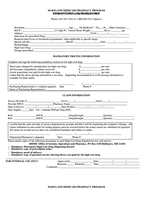 HighCost Drug Standard Invoice, Patient Clinical/rx Information