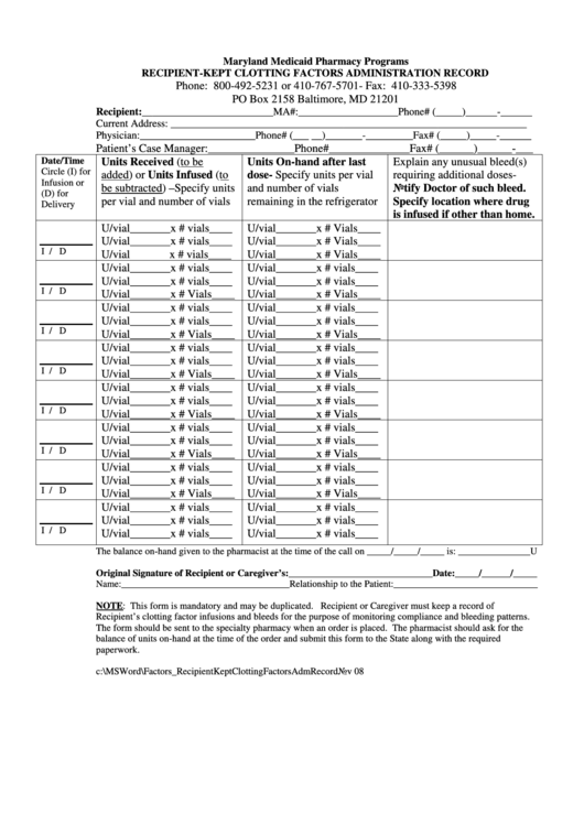 RecipientKept Clotting Factors Administration Record Form Maryland