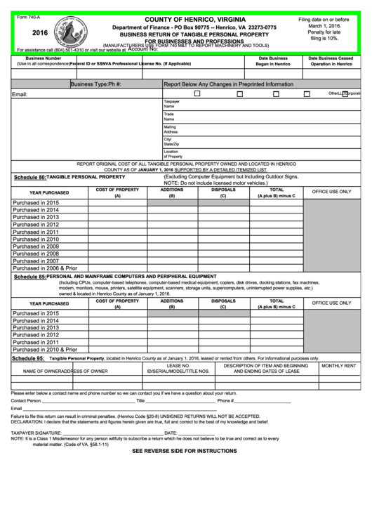 Fillable Form 740A Business Return Of Tangible Personal Property For