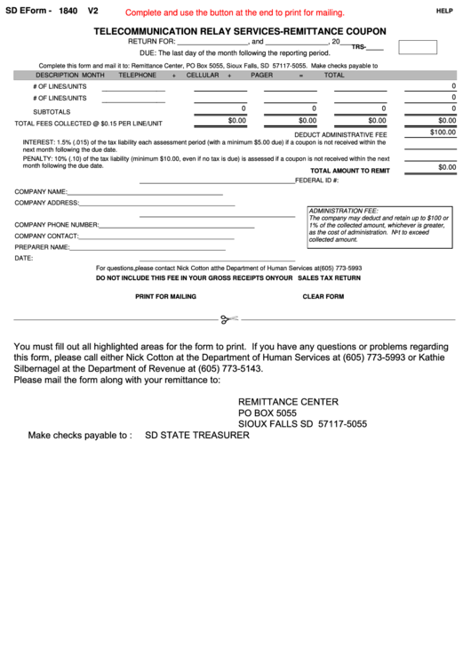Fillable Sd Eform 1840 Relay Services Remittance