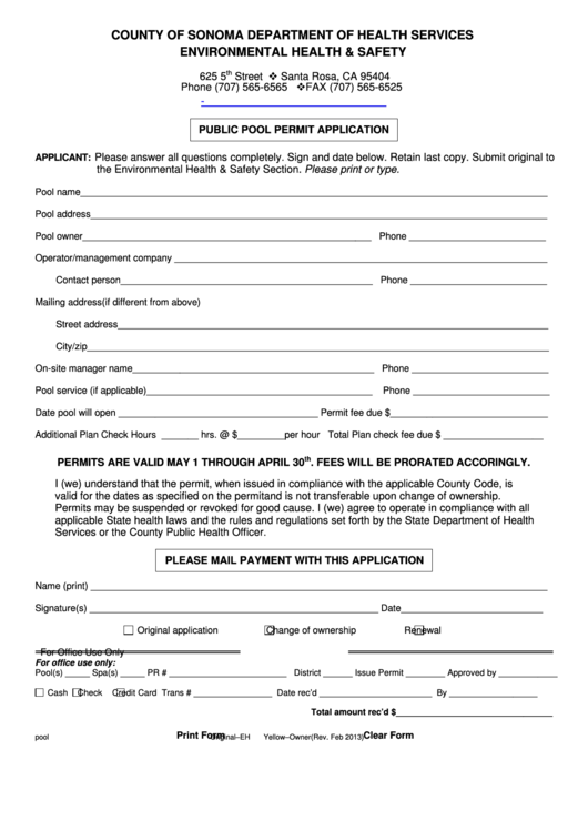 Fillable Public Pool Permit Application Form County Of Sonoma
