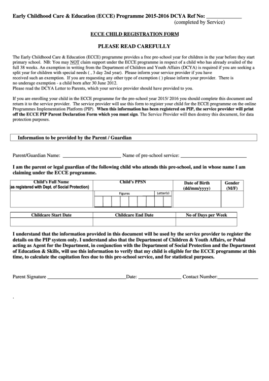 Child Registration Form Early Childhood Care & Education (Ecce) Programme 20152016