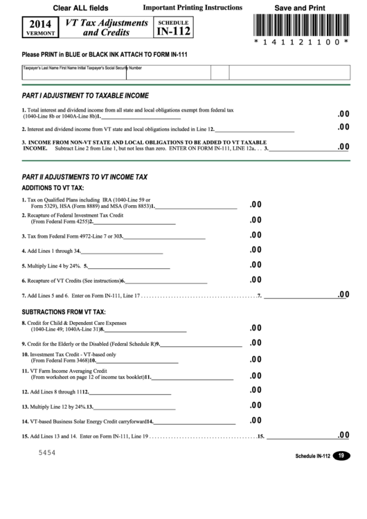 Fillable Schedule In112 Vt Tax Adjustment And Credit 2014
