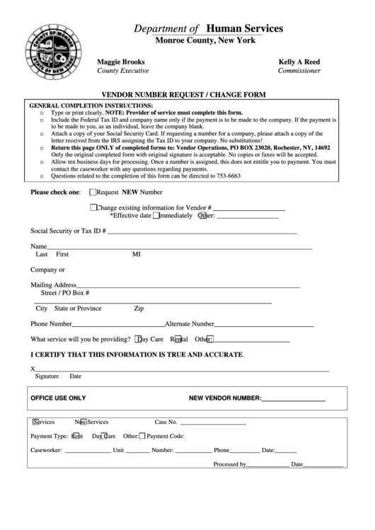 Vendor Number Request / Change Form Monroe County printable pdf download