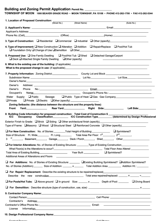 Building And Zoning Permit Application Form printable pdf download