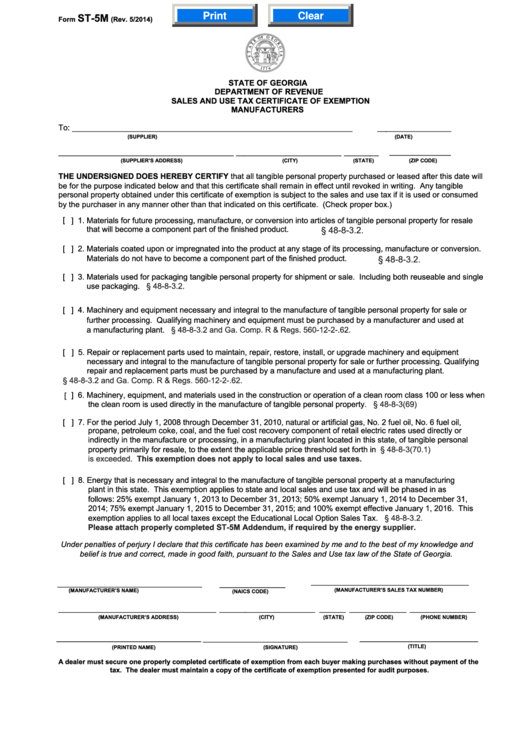 Fillable Form St5m Sales And Use Tax Certificate Of Exemption Manufacturers 2014 printable