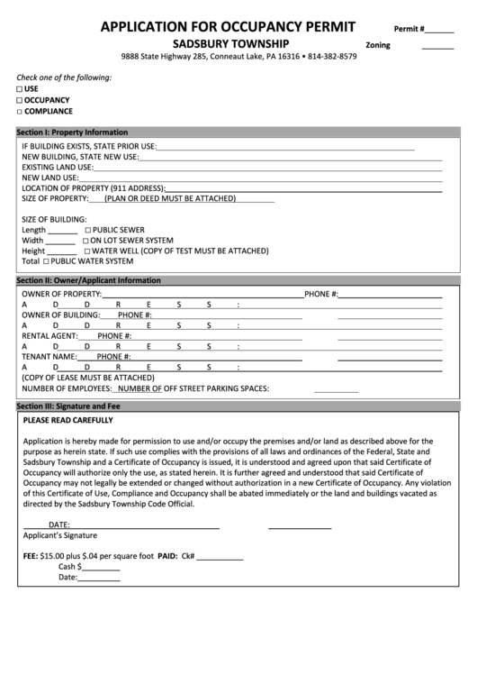 Application Form For Occupancy Permit printable pdf download