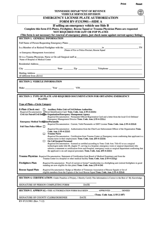 Fillable Form RvF1313901 Emergency License Plate Authorization