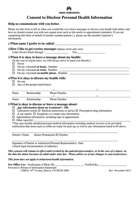 Consent To Disclose Personal Health Information Form printable pdf download