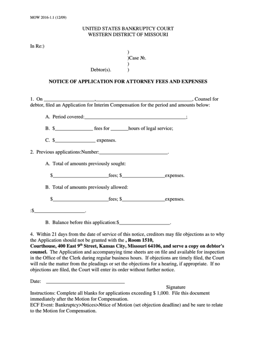 Form Mow 20161.1 Notice Of Application For Attorney Fees And