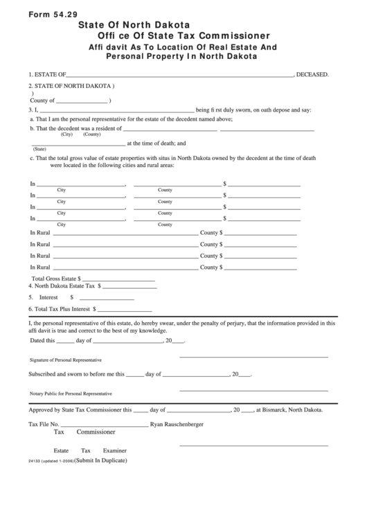 Fillable Form 54.29 Affidavit As To Location Of Real Estate And