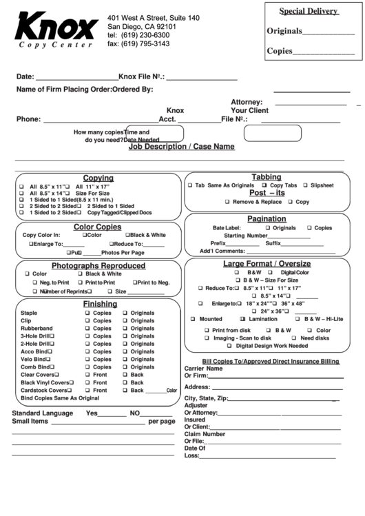 Fillable Knox Copy Center Job Description / Case Name printable pdf
