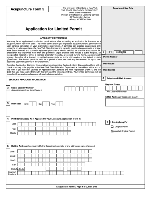 Acupuncture Form 5 Application For Limited Permit printable pdf download