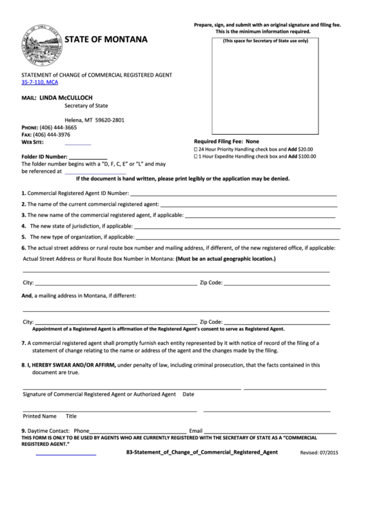 Fillable Form 83 Statement Of Change Of Commercial Registered Agent printable pdf download