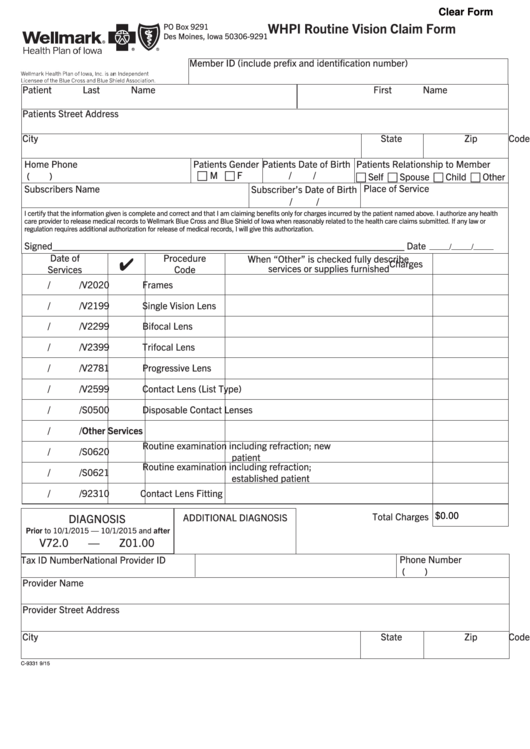 Fillable Form C9331 Whpi Routine Vision Claim Form printable pdf