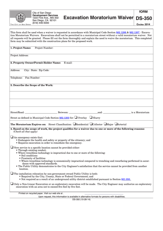 Fillable Form Ds350 Excavation Moratorium Waiver City Of San Diego