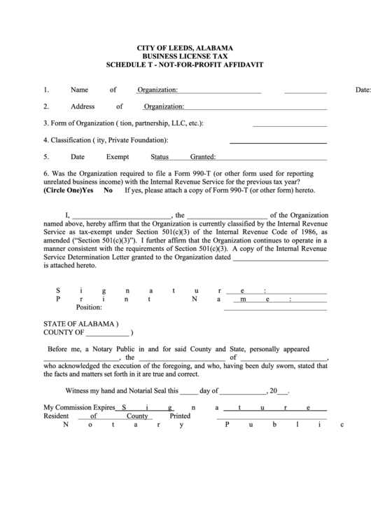 Fillable Business License Schedule T NotForProfit Affidavit