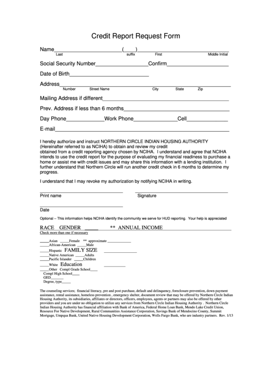 Credit Report Request Form printable pdf download