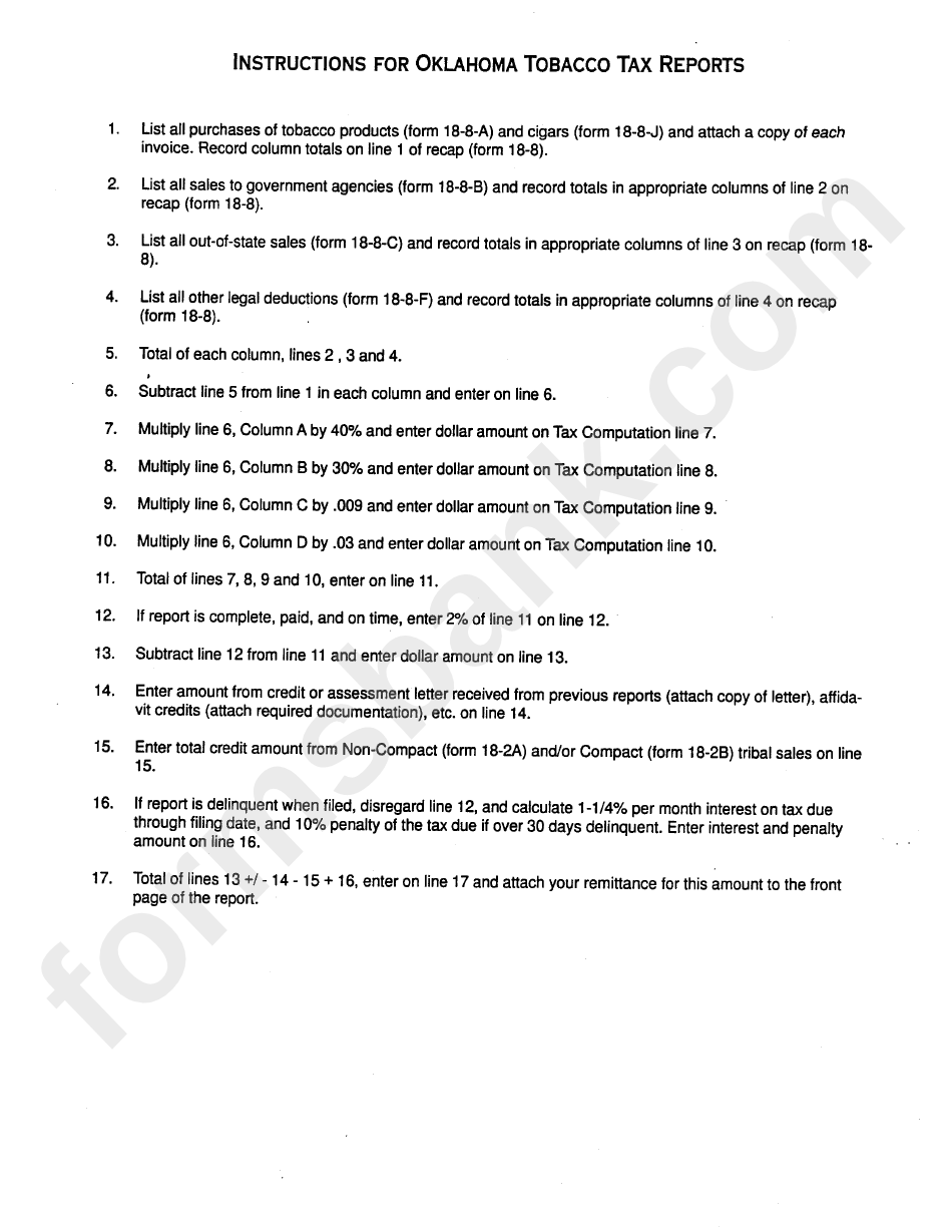 Instructions For Oklahoma Tobacco Tax Reports printable pdf download