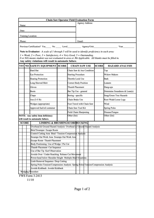 Fillable Fws Form 32413 Chain Saw Operator Field Evaluation Form