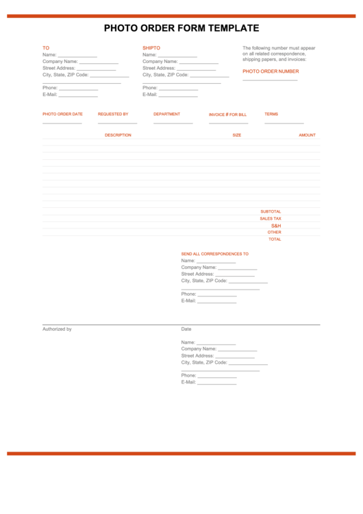 Fillable Photo Order Form Template printable pdf download