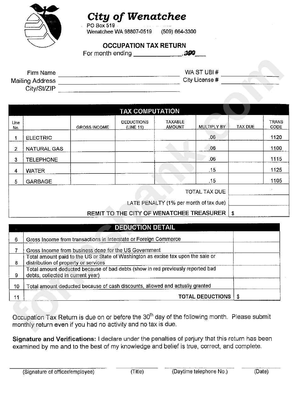 Occupation Tax Return Form City Of Wenatchee, Washington printable